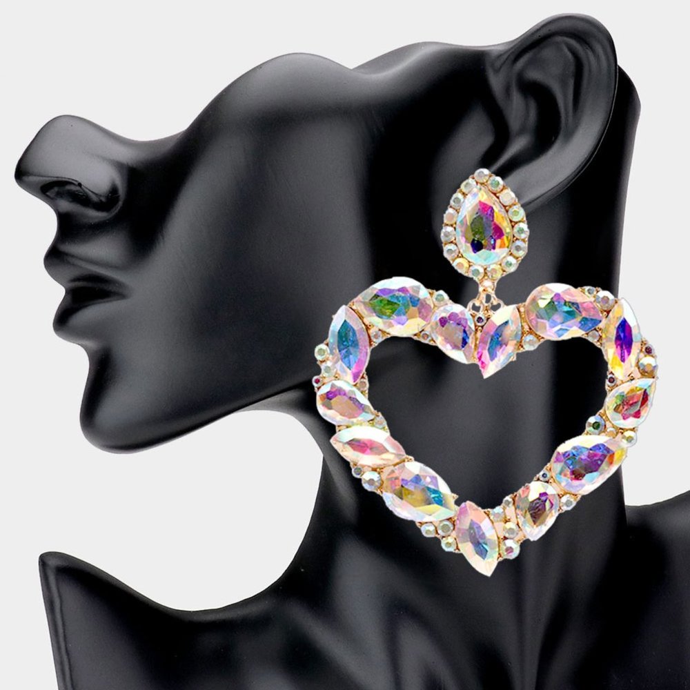 Marquise Teardrop Stone Cluster Open Heart Dangle Evening Earrings - Picture 4 of 5